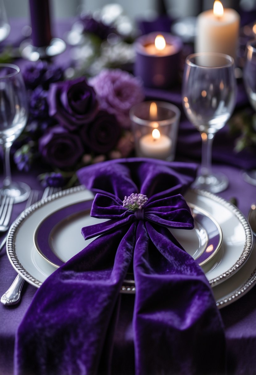 A wedding table setting with deep purple velvet ribbons tied around napkins and silverware, surrounded by dark purple flowers and soft candlelight.