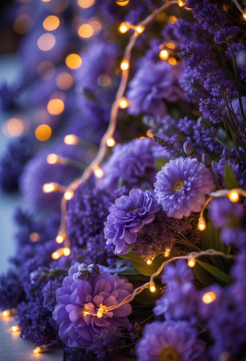 Close-up of string lights wrapped around purple flowers creating a warm, glowing wedding decoration.