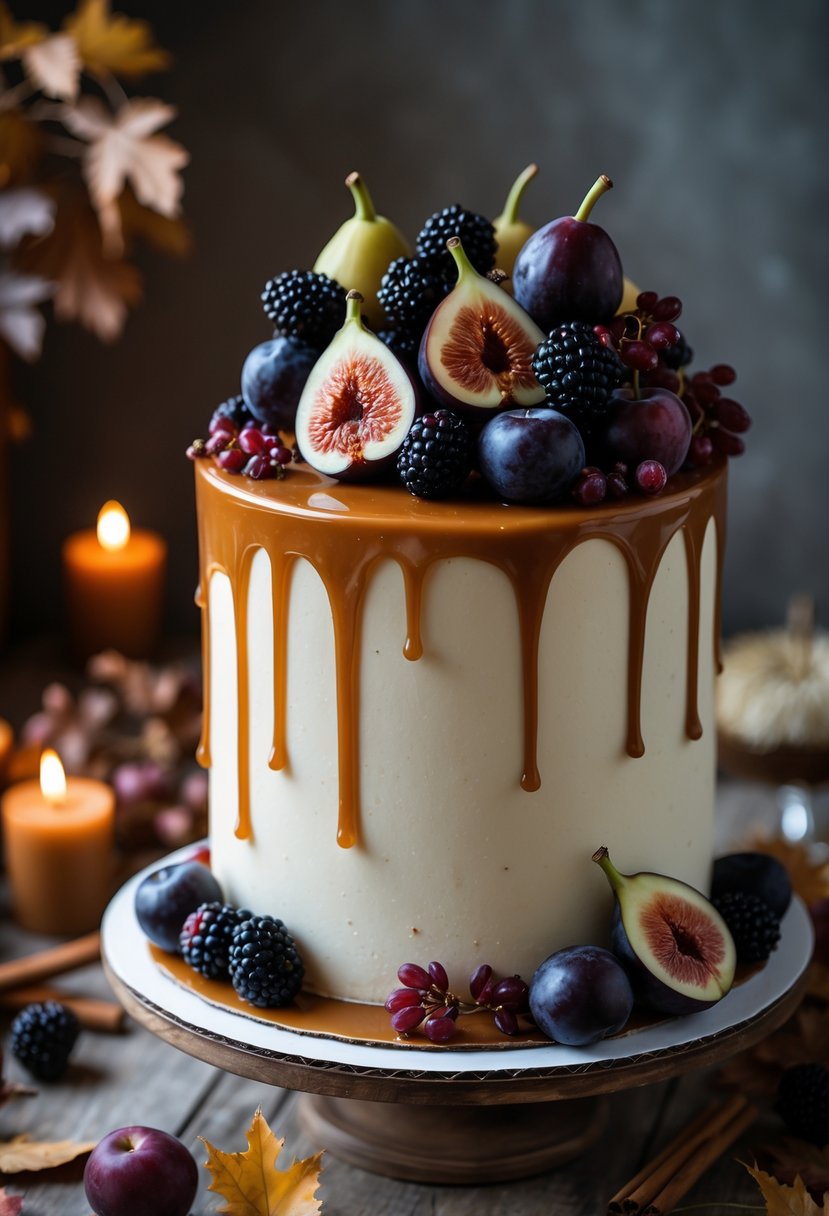 A caramel drip cake topped with dark autumn fruits on a wooden table with autumn decorations.