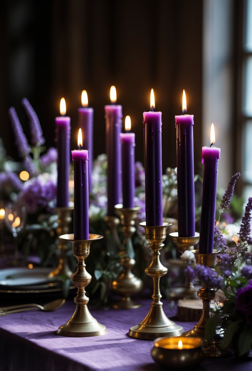 Several dark purple taper candles burning in vintage candle holders on a softly lit table with floral decorations.