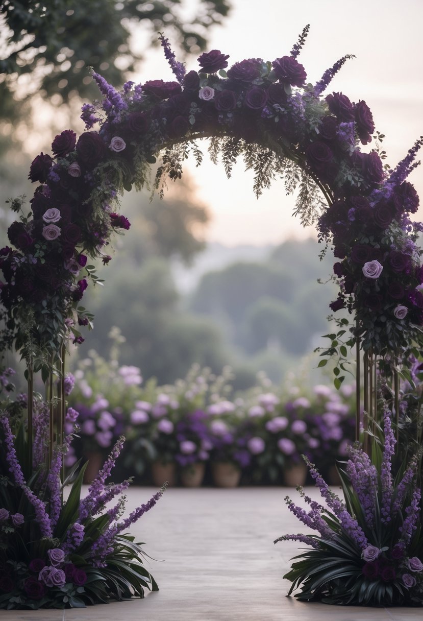 A wedding ceremony backdrop with arches decorated with deep purple and violet flowers and green leaves.