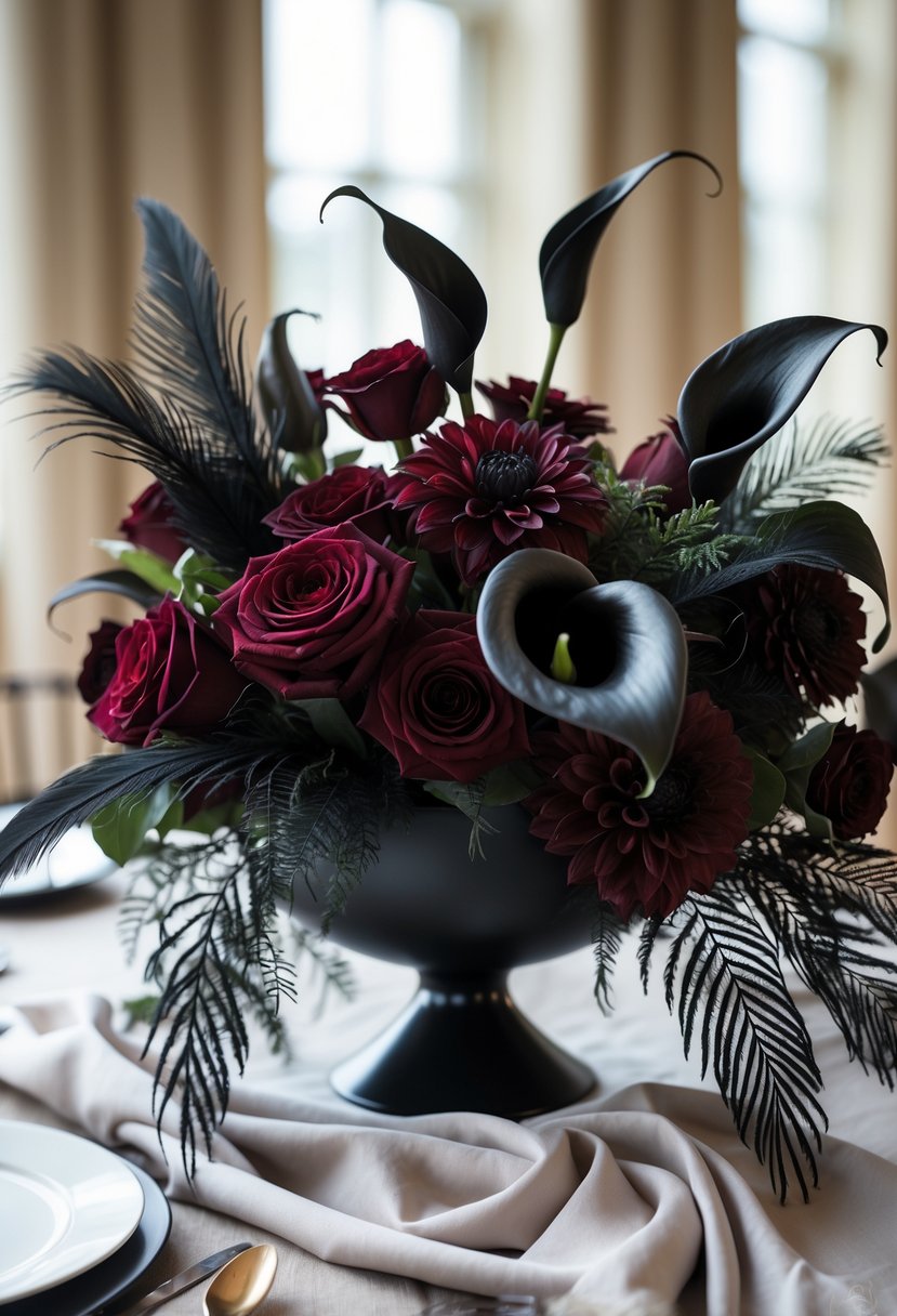 A wedding centerpiece with deep burgundy flowers and black accents arranged in a black vase on a table.