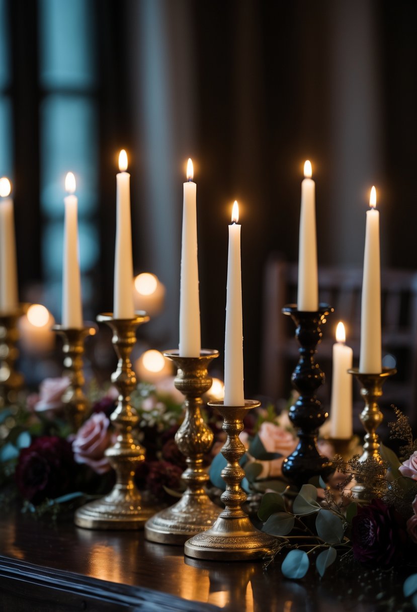 A wedding table centerpiece with vintage gold and black candle holders holding lit white candles, surrounded by dark green foliage and deep-colored flowers on a wooden surface.