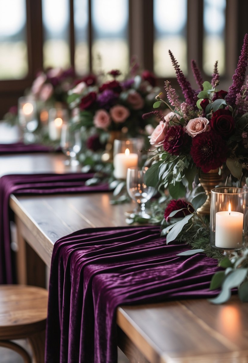 A wedding table with dark plum velvet runners and floral centerpieces featuring deep red and burgundy flowers with candles.