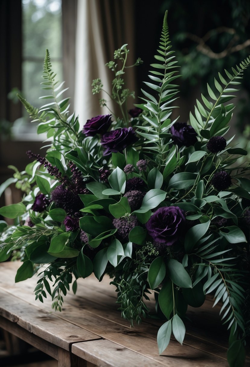 A wedding centerpiece with dark purple flowers and forest green leaves on a wooden table.