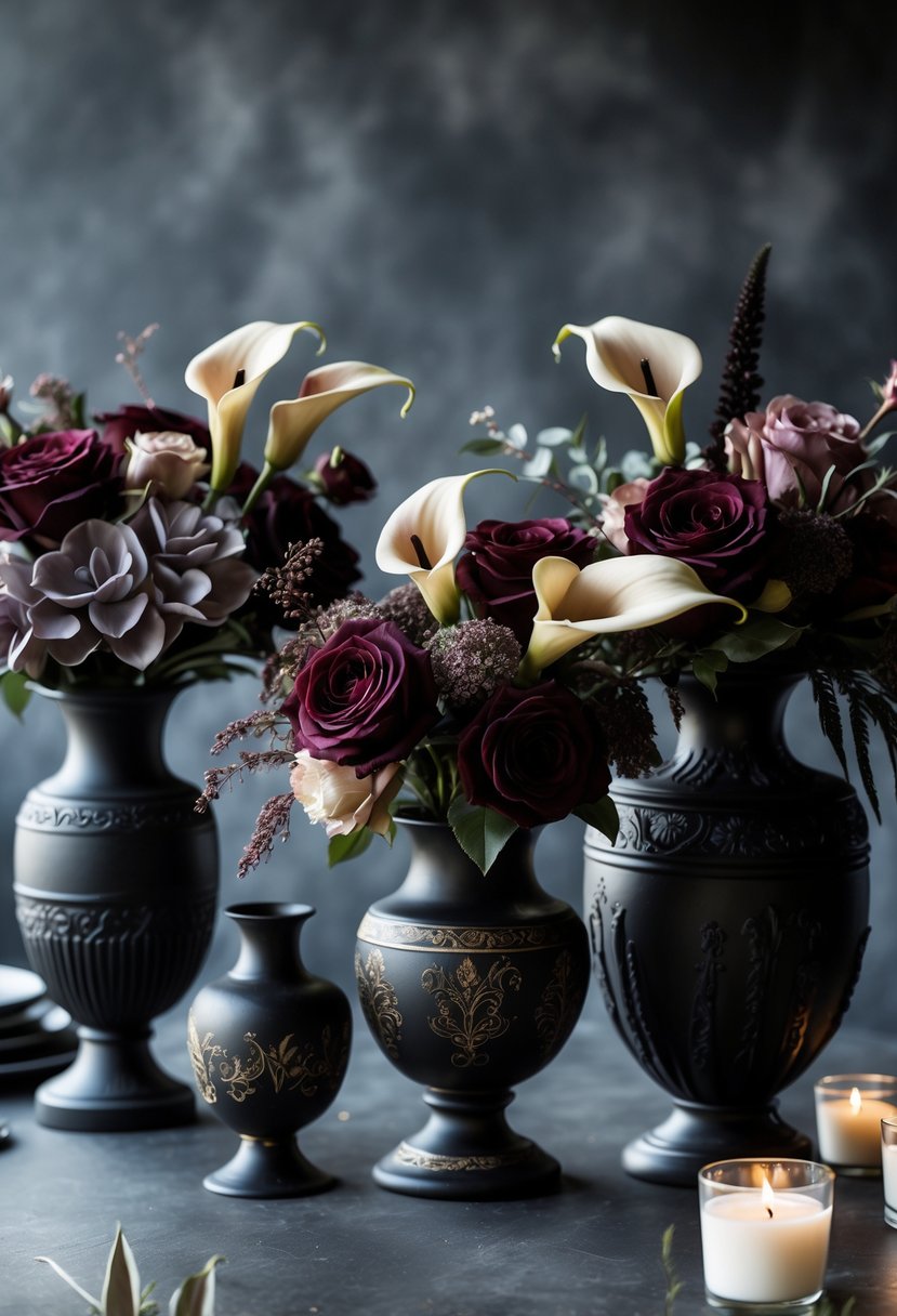 Black-painted antique vessels filled with dark, moody flowers arranged on a wedding table.