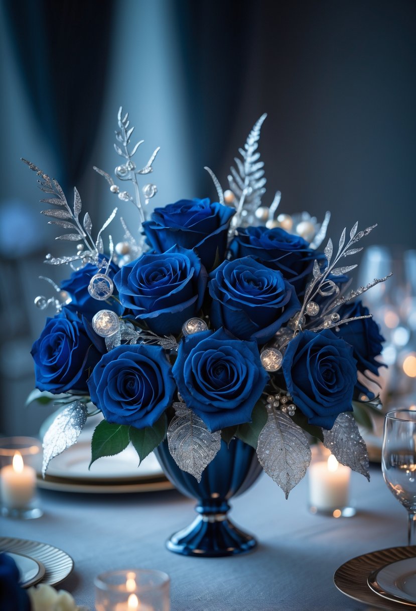 A wedding centerpiece with dark blue roses and silver decorative accents on a table.
