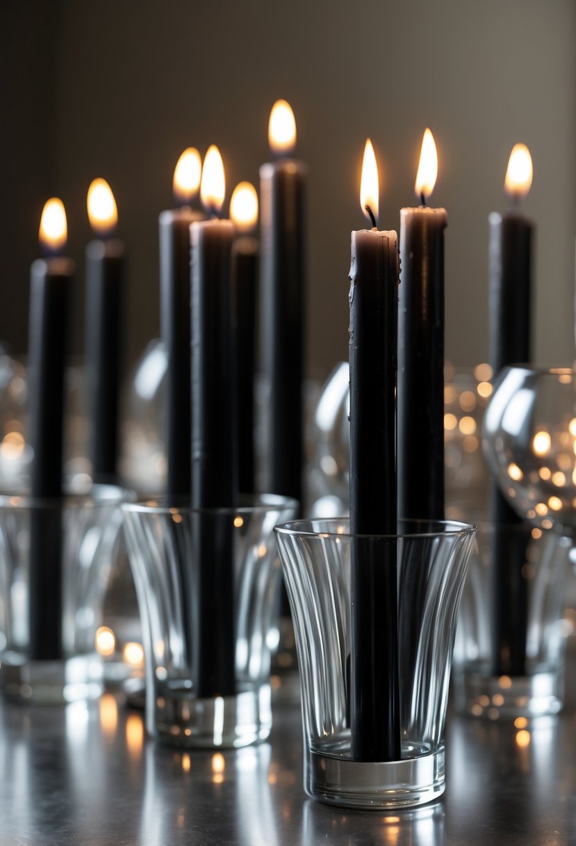 Clustered black taper candles burning in clear glass holders with a warm glowing light.