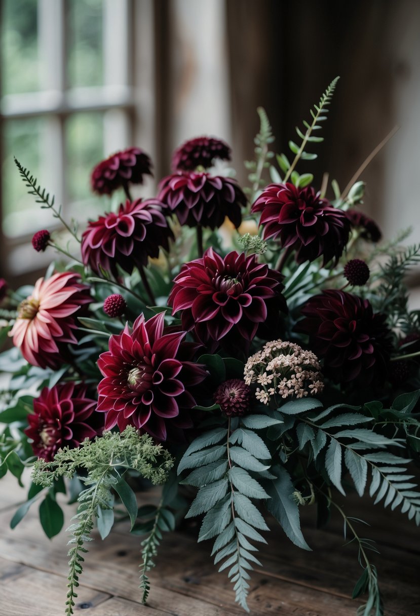 A wedding centerpiece with dark red dahlias and textured green foliage on a wooden table.