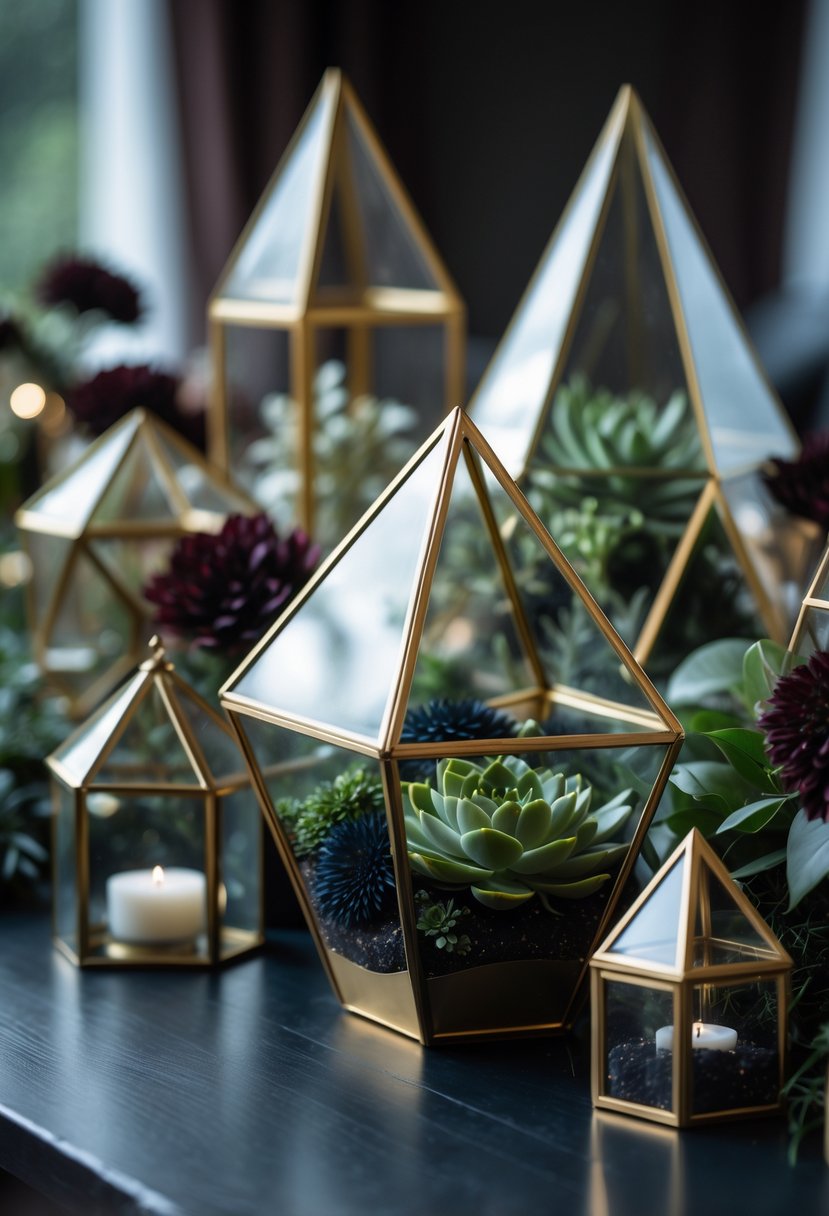 A collection of gold geometric terrariums with plants and flowers arranged on a dark wooden table.
