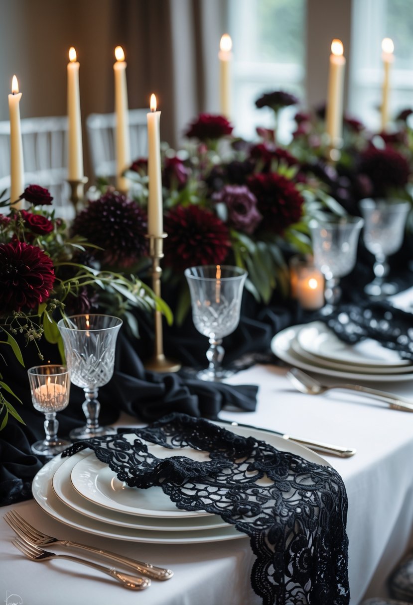 A wedding table with black lace overlays, dark floral centerpiece, candles, and elegant table settings.