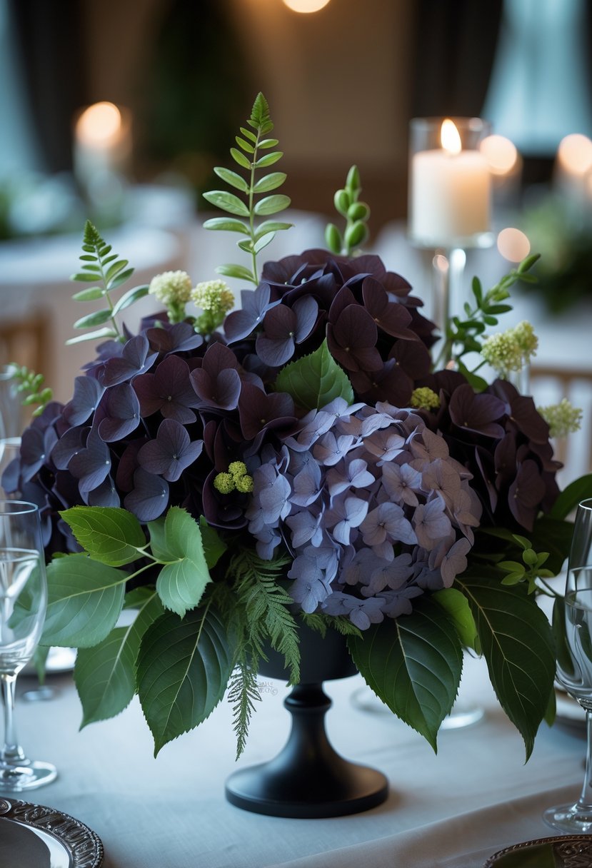 A wedding centerpiece with dark purple hydrangeas and green leaves on a table.