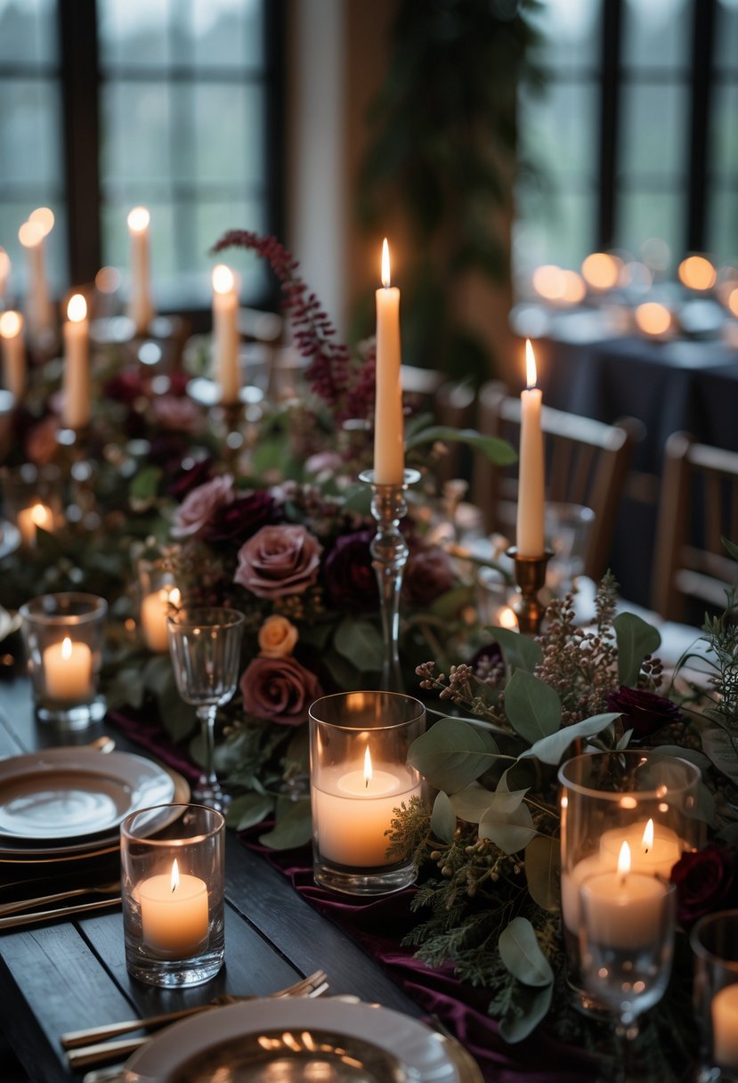 A wedding table with lit candles in smoky glass holders surrounded by dark floral arrangements and greenery.