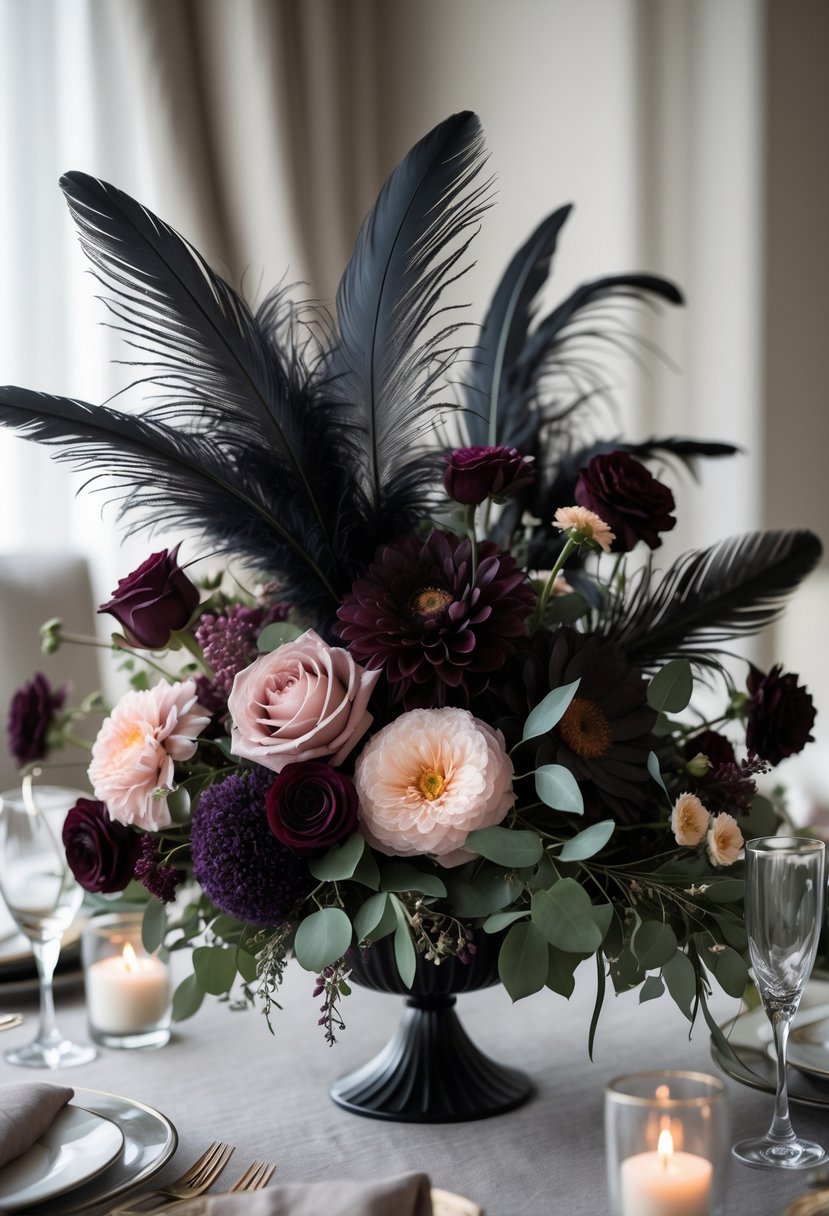 A wedding centerpiece with dark flowers and black feathers arranged on a table with candles and glassware.