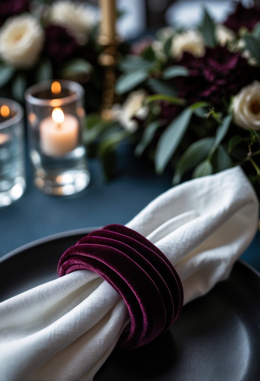 Close-up of deep wine-colored velvet napkin rings on white napkins at a wedding table with dark floral decorations and candlelight.