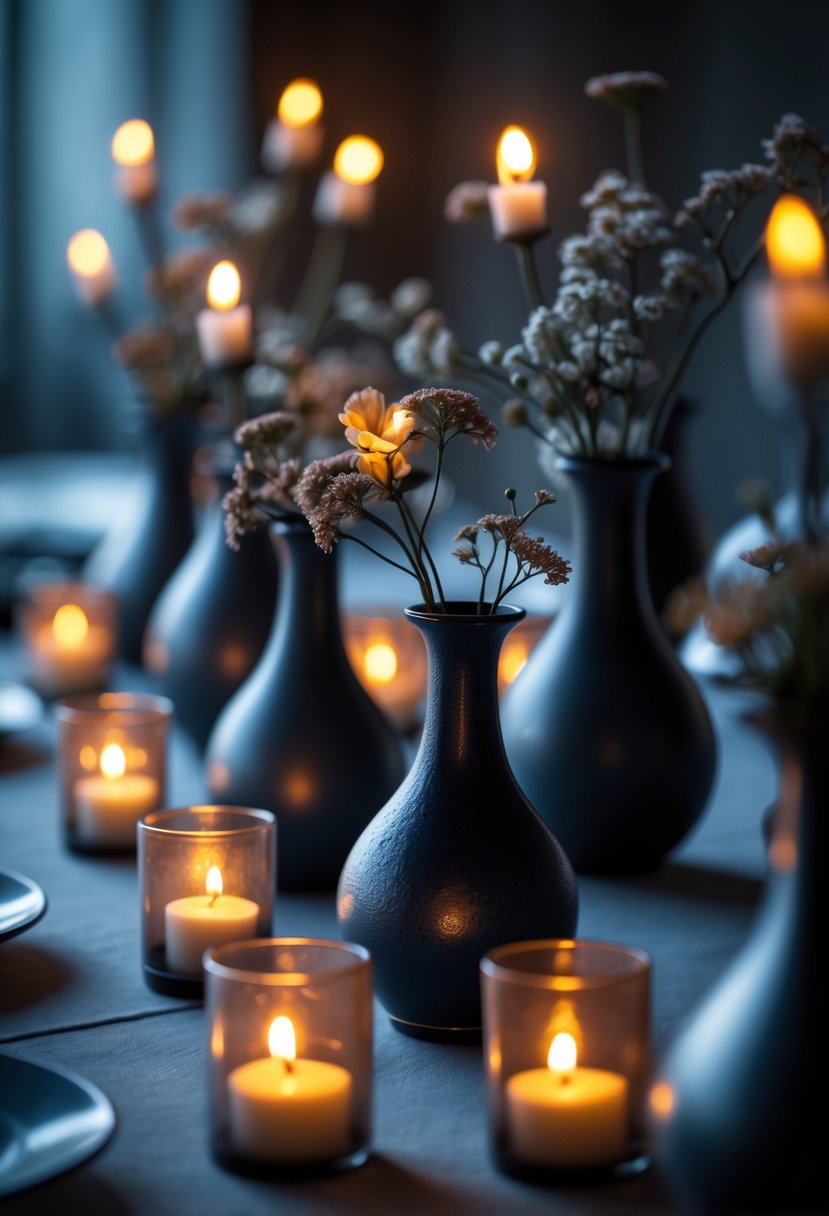 Dark ceramic vases with small flickering candles arranged on a table.