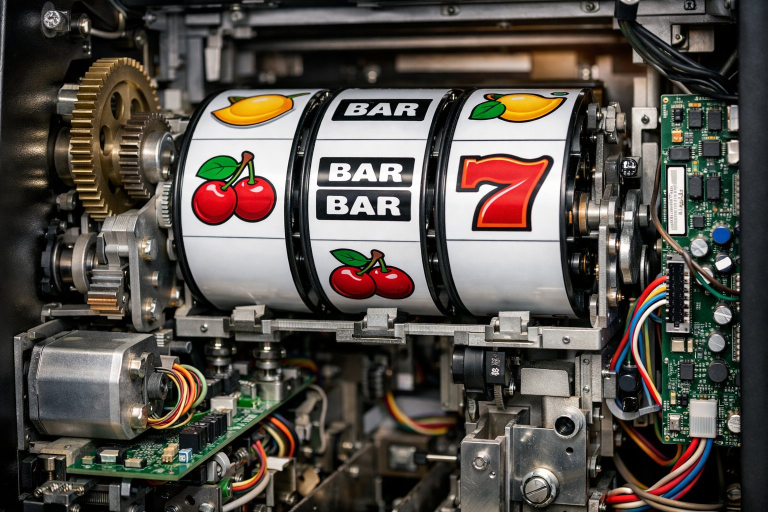 Close-up view of the internal components of a slot machine showing reels, gears, and circuit boards.