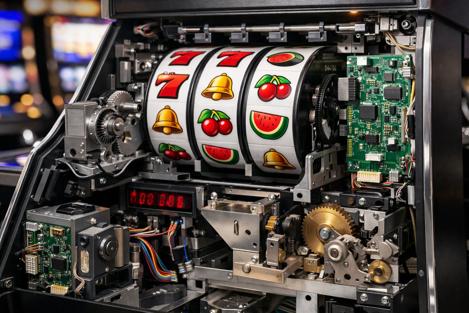 Close-up view of the internal components of a slot machine