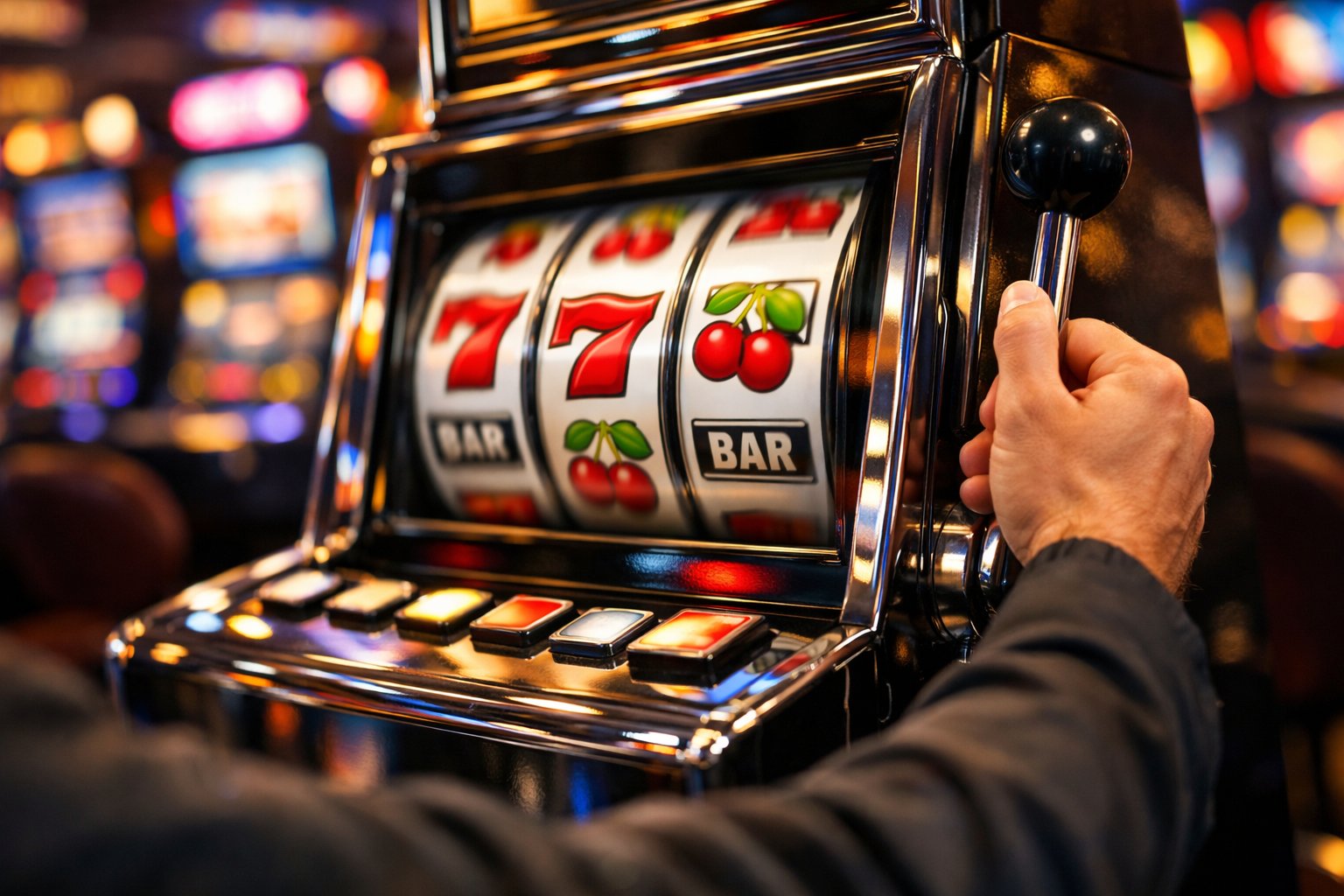 Close-up of hands playing a slot machine with colorful reels spinning in a casino.