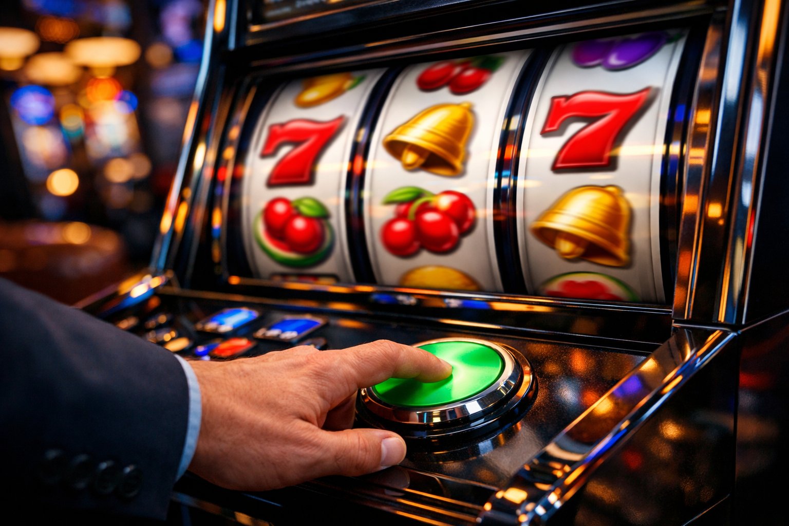 A person pressing the spin button on a slot machine with colorful reels spinning in a casino.