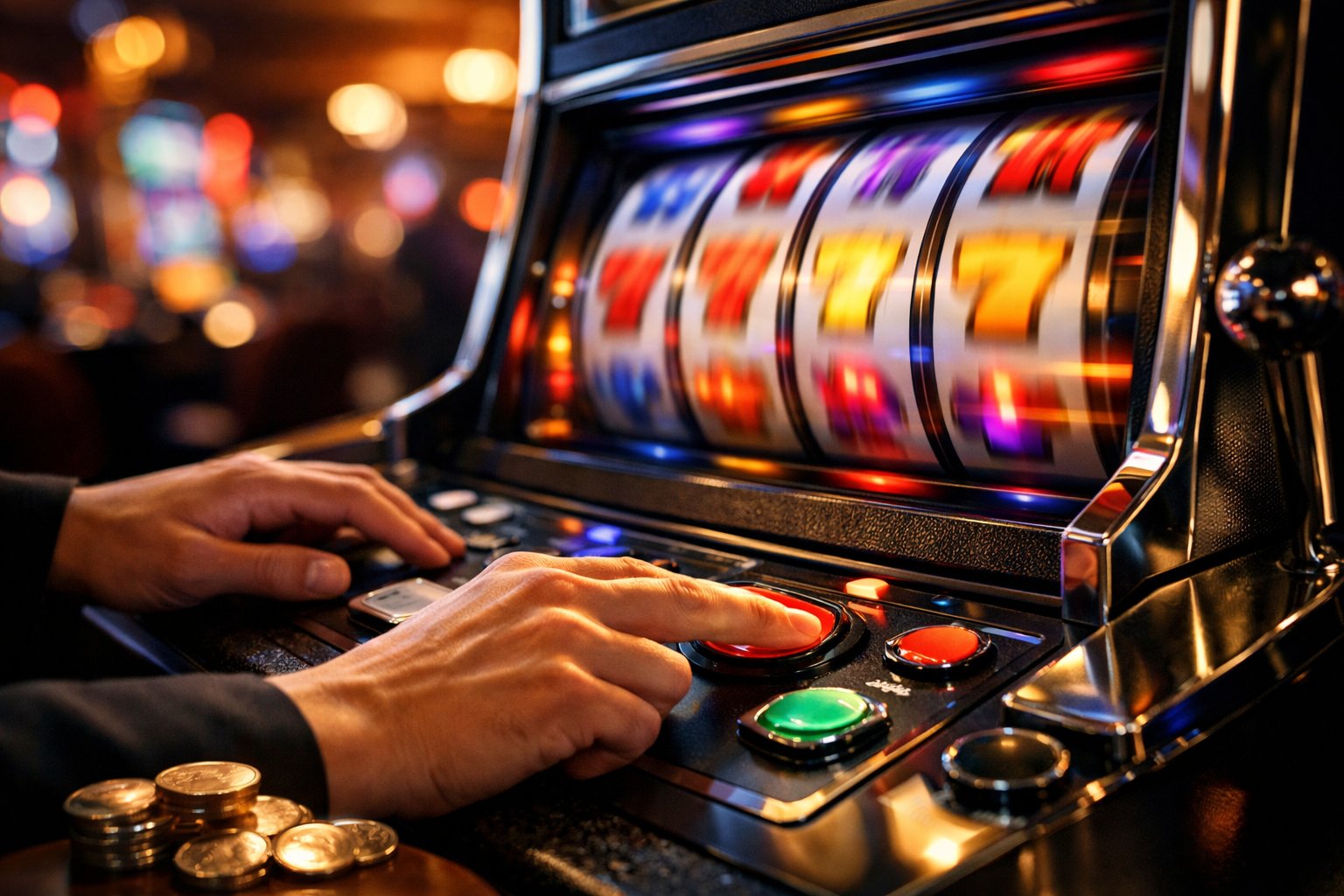 Hands operating a slot machine in a casino with amazing strategy