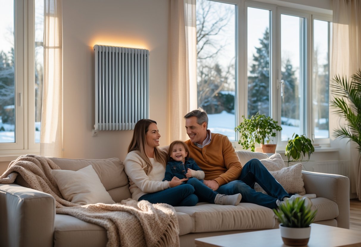 A family sitting comfortably in a warm living room with a central heating radiator glowing on the wall and snow visible outside the window.