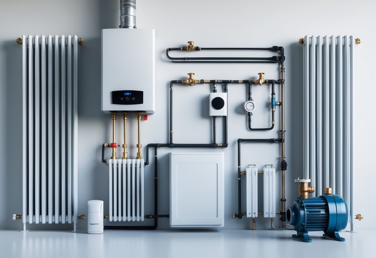 A clear image displaying the main parts of a central heating system, including a boiler, thermostat, radiators, pipes with valves, a circulation pump, and a heat exchanger arranged on a white background.