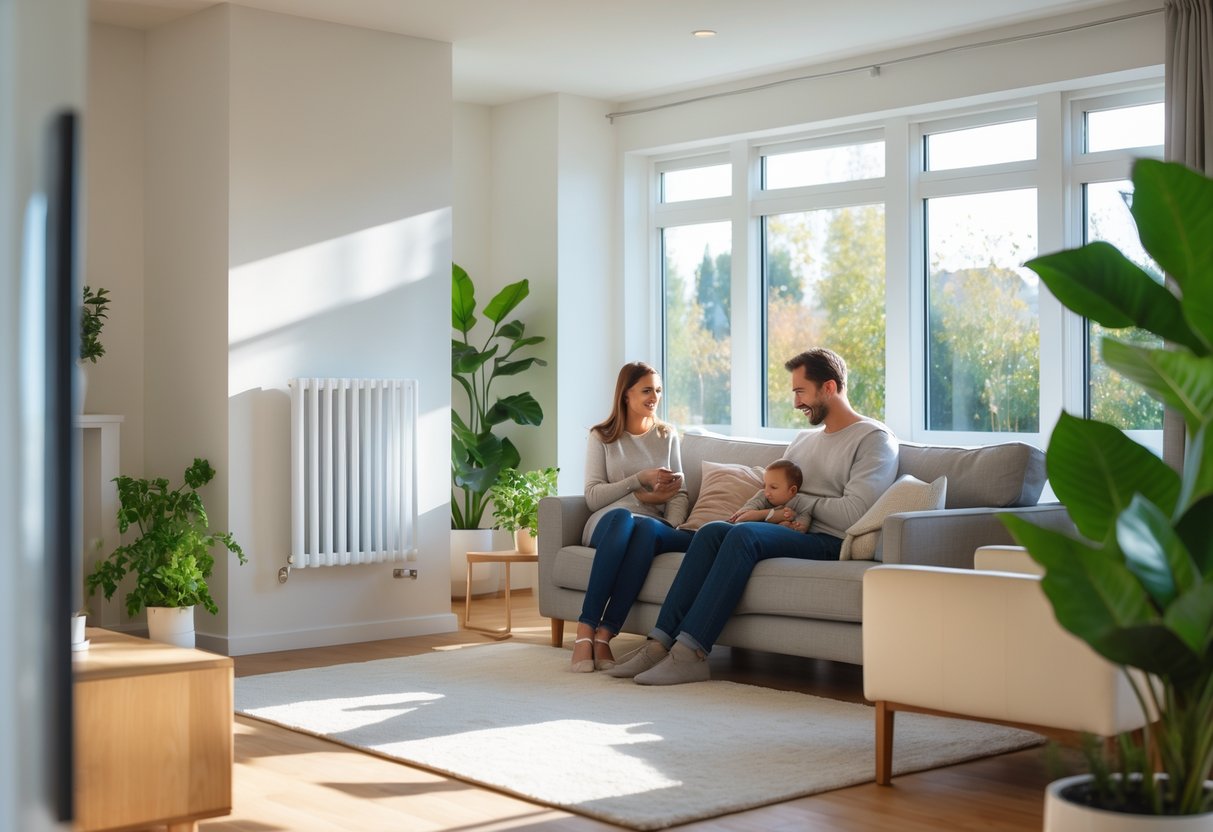 A modern living room with a radiator and a person enjoying a warm and comfortable home environment.