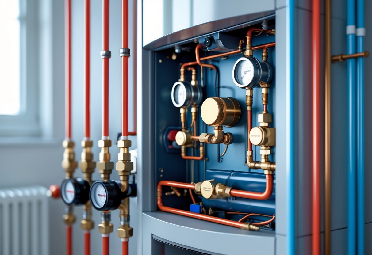 Close-up view of a modern central heating system showing a boiler, pipes, valves, and thermostats arranged neatly.