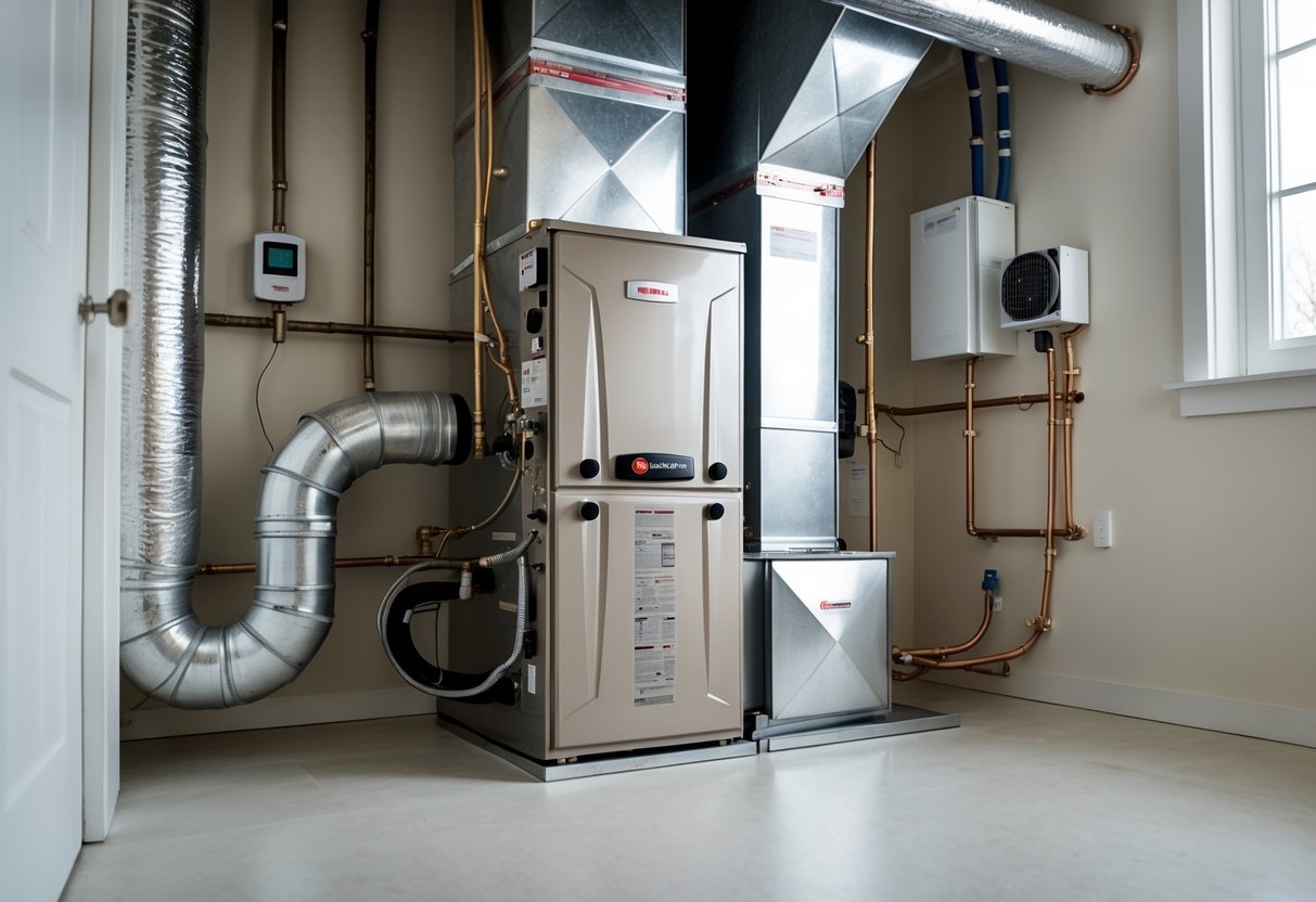 A modern furnace and forced air heating system with ductwork and vents inside a utility room.
