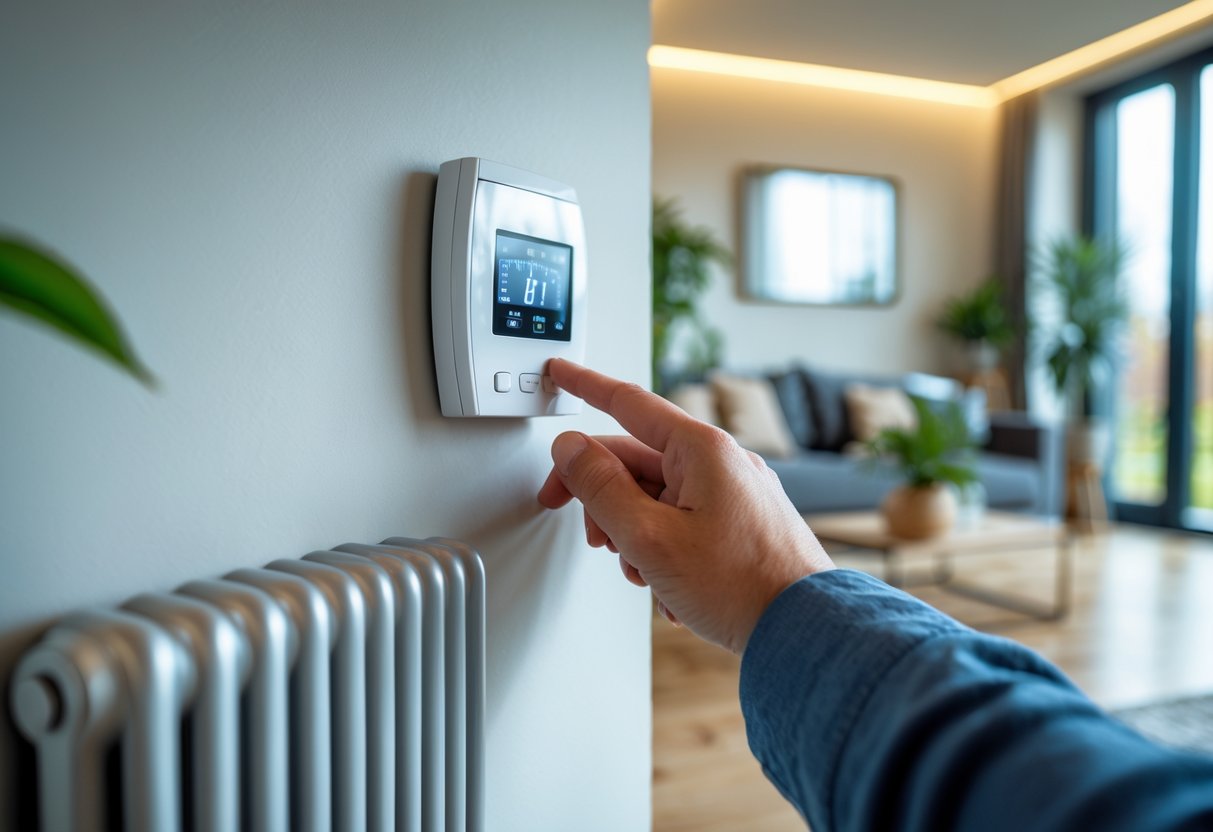 A person adjusting a thermostat in a modern living room with a radiator and natural light coming through a window.