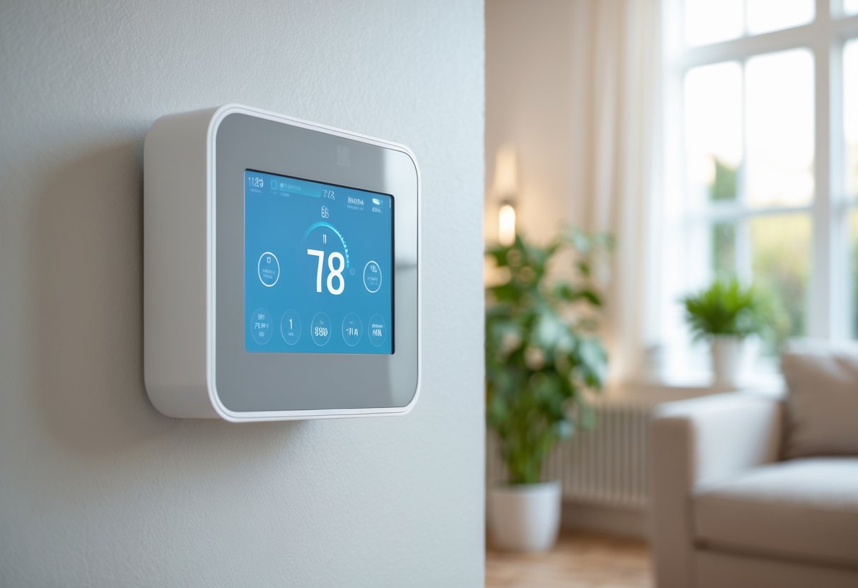 A modern thermostat mounted on a wall above a radiator in a cozy living room with natural light.