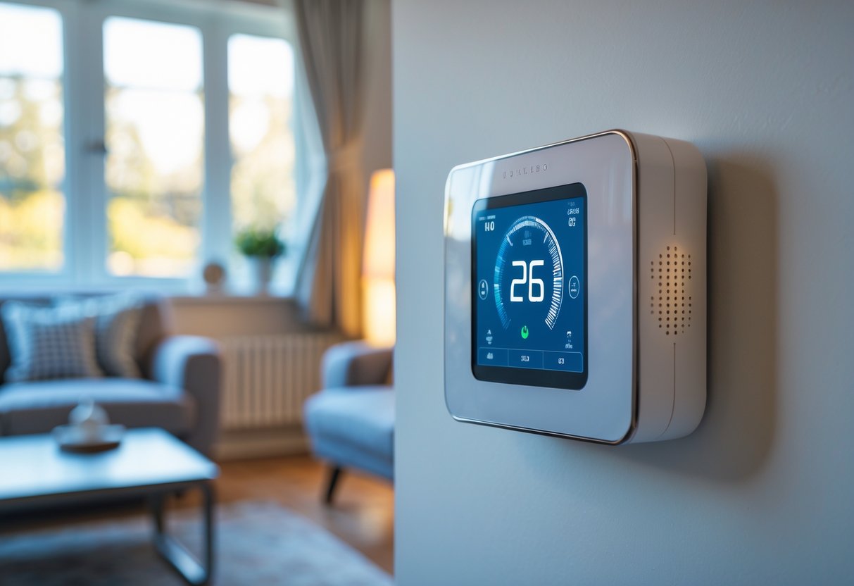 A modern digital thermostat on a wall with a central heating radiator beneath a window in a cozy living room.