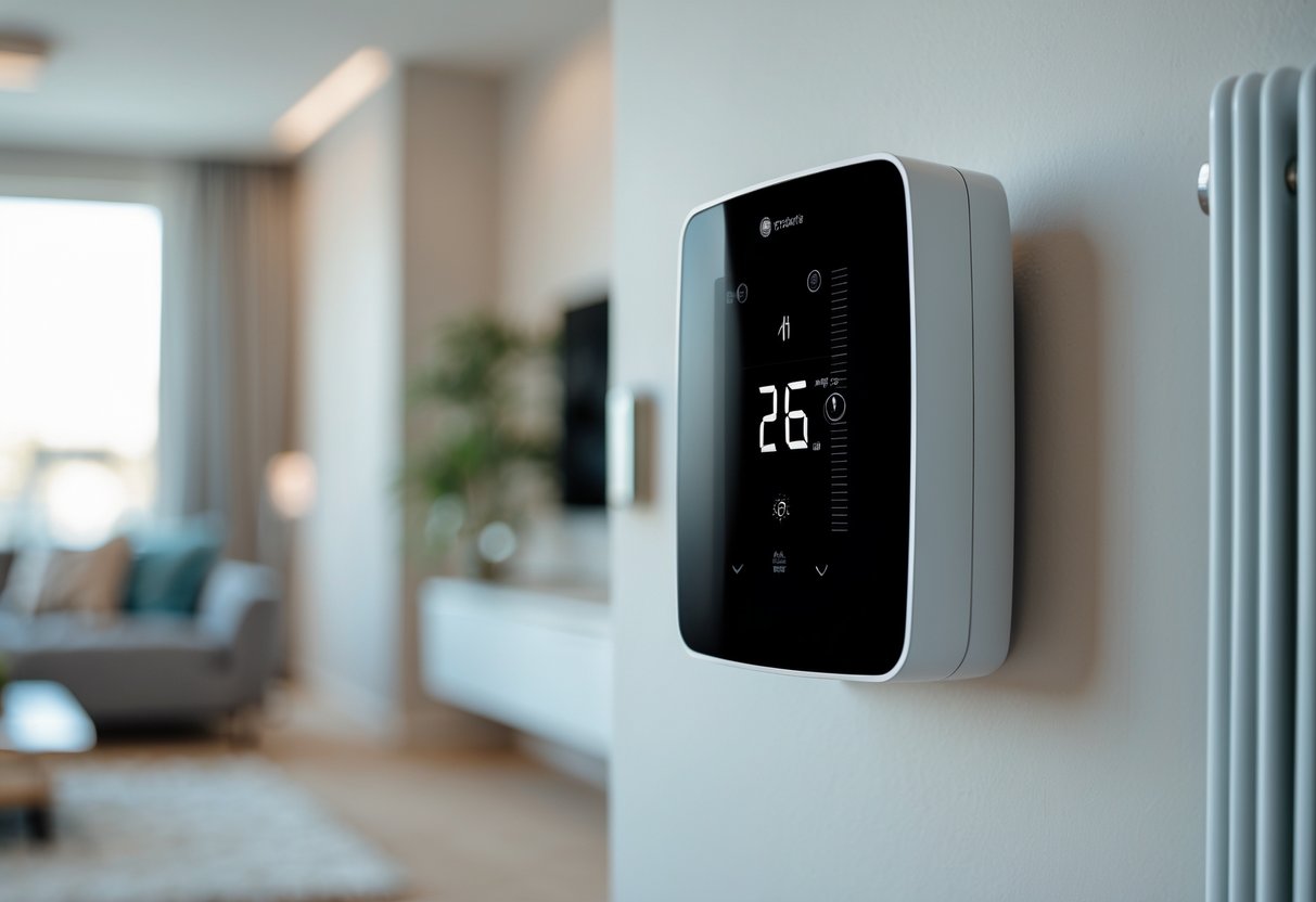 A modern digital thermostat mounted on a wall inside a living room with soft lighting and heating elements visible in the background.