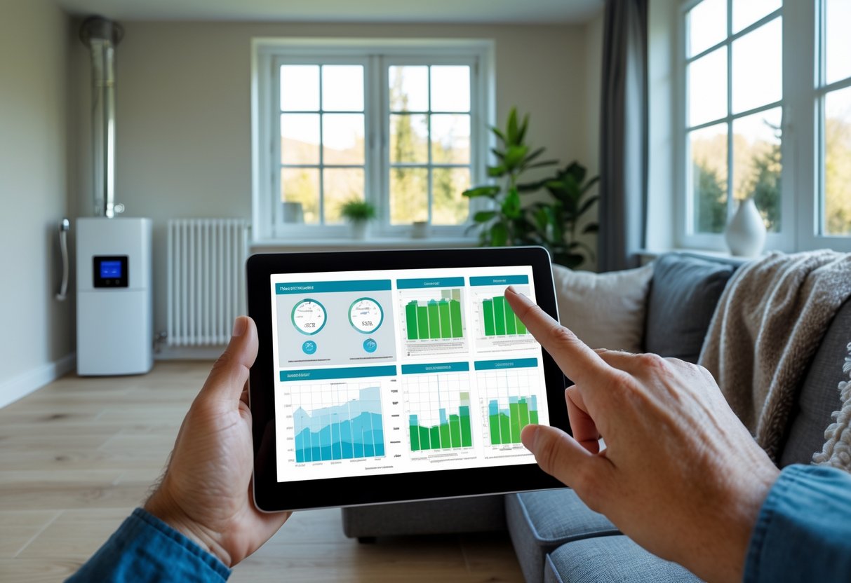 A person reviewing central heating options on a tablet in a cozy living room with a thermostat and radiator visible.