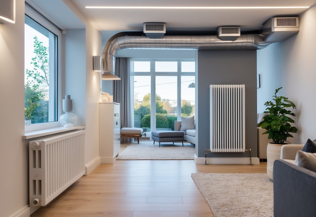 Modern home interior showing a white radiator on the wall and ceiling air ducts for central heating.