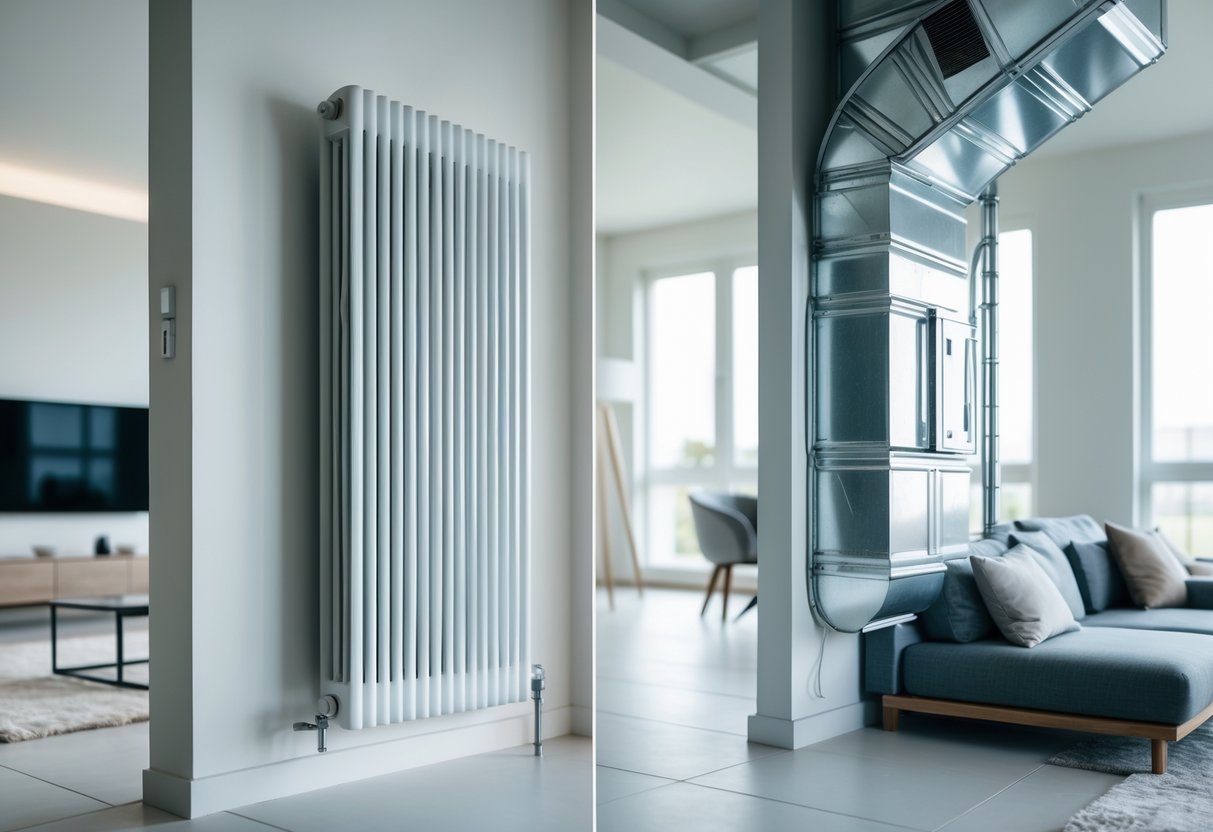 Indoor scene showing a white radiator on a wall and metal air ducts with vents in the ceiling of a modern living room.