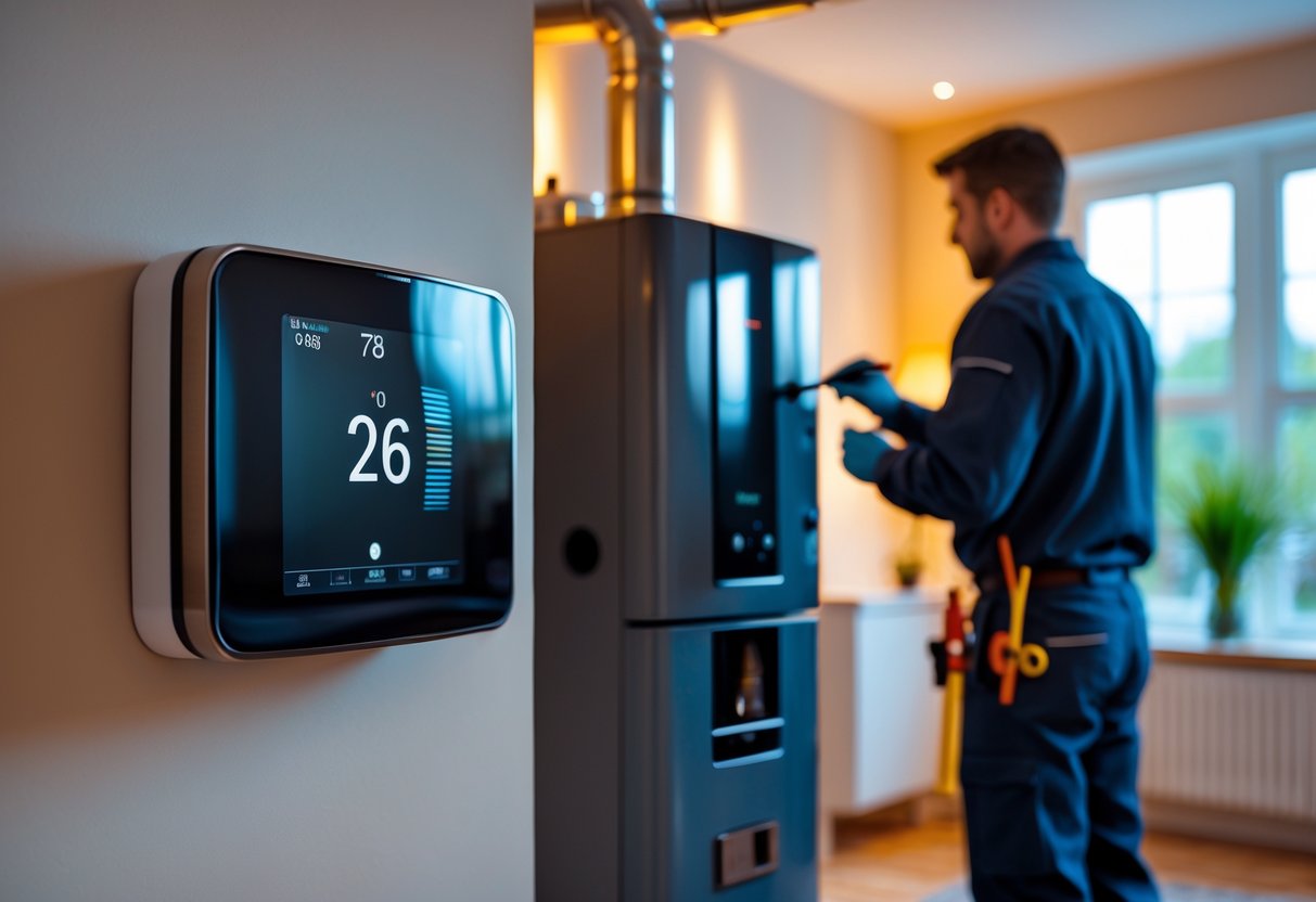 A technician inspects a central heating boiler while a homeowner watches in a cozy living room with a thermostat and radiator visible.