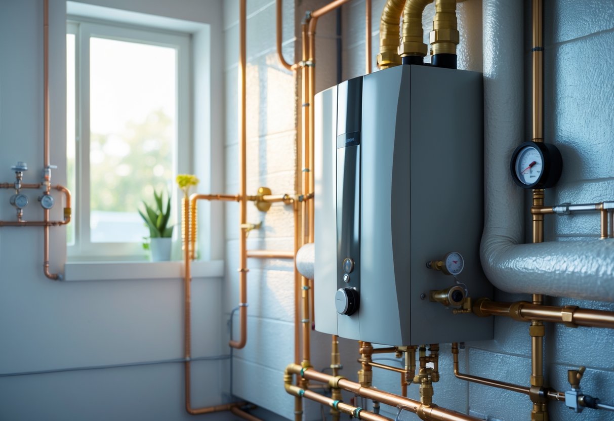 A modern central heating boiler with insulated pipes in a clean utility room.