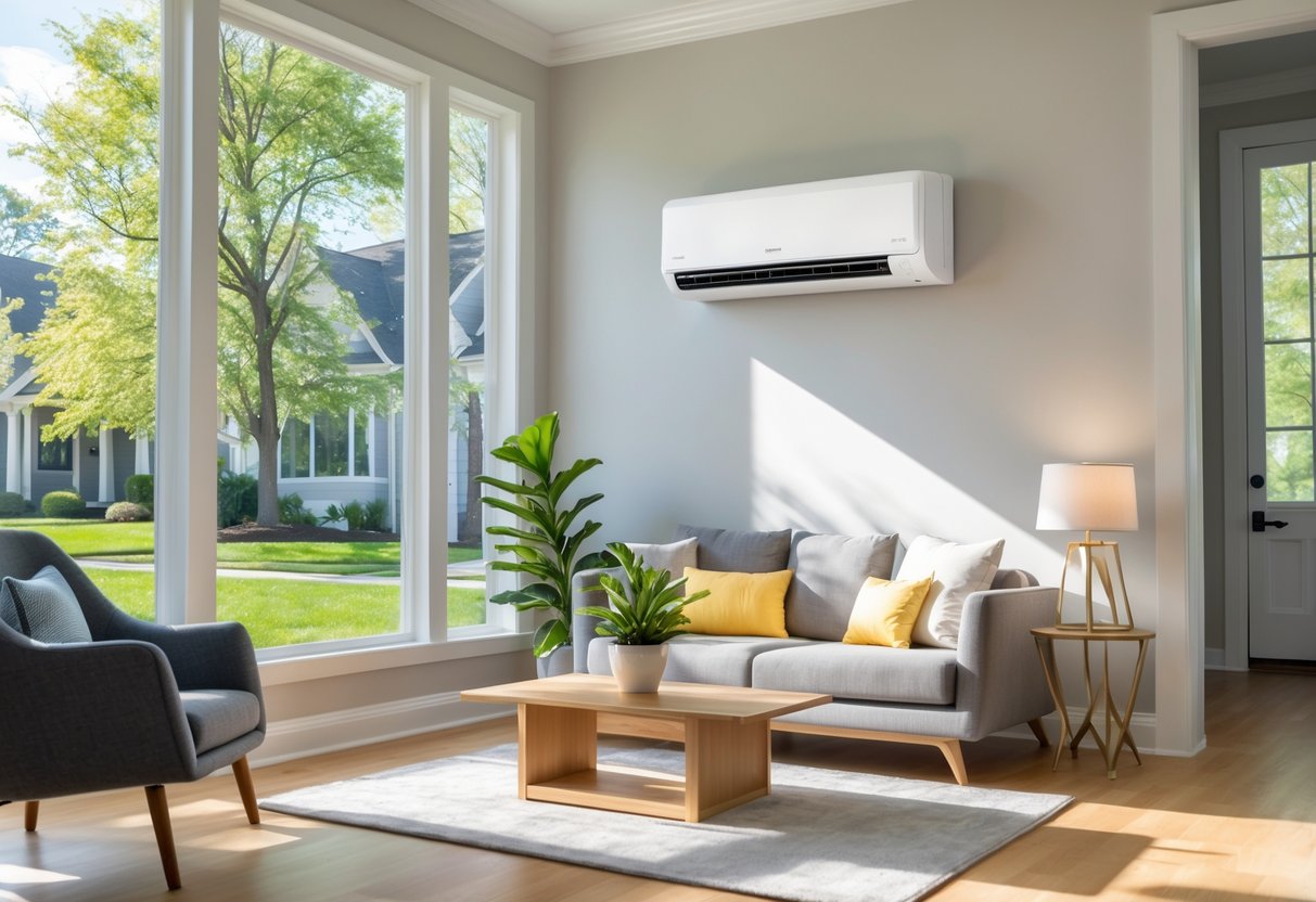 A modern living room with a ductless mini-split air conditioning unit mounted on the wall and sunlight streaming through large windows.