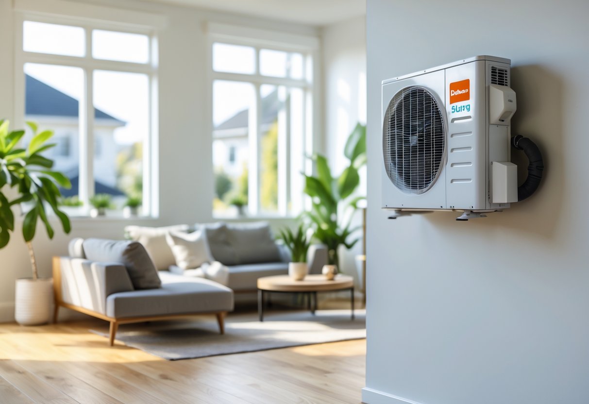 A bright living room with a ductless mini-split air conditioning unit mounted on the wall above a sofa, featuring modern furniture and plants.