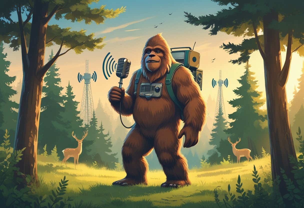 A Sasquatch holding a vintage radio microphone in a forest clearing at dawn with trees and radio towers in the background.