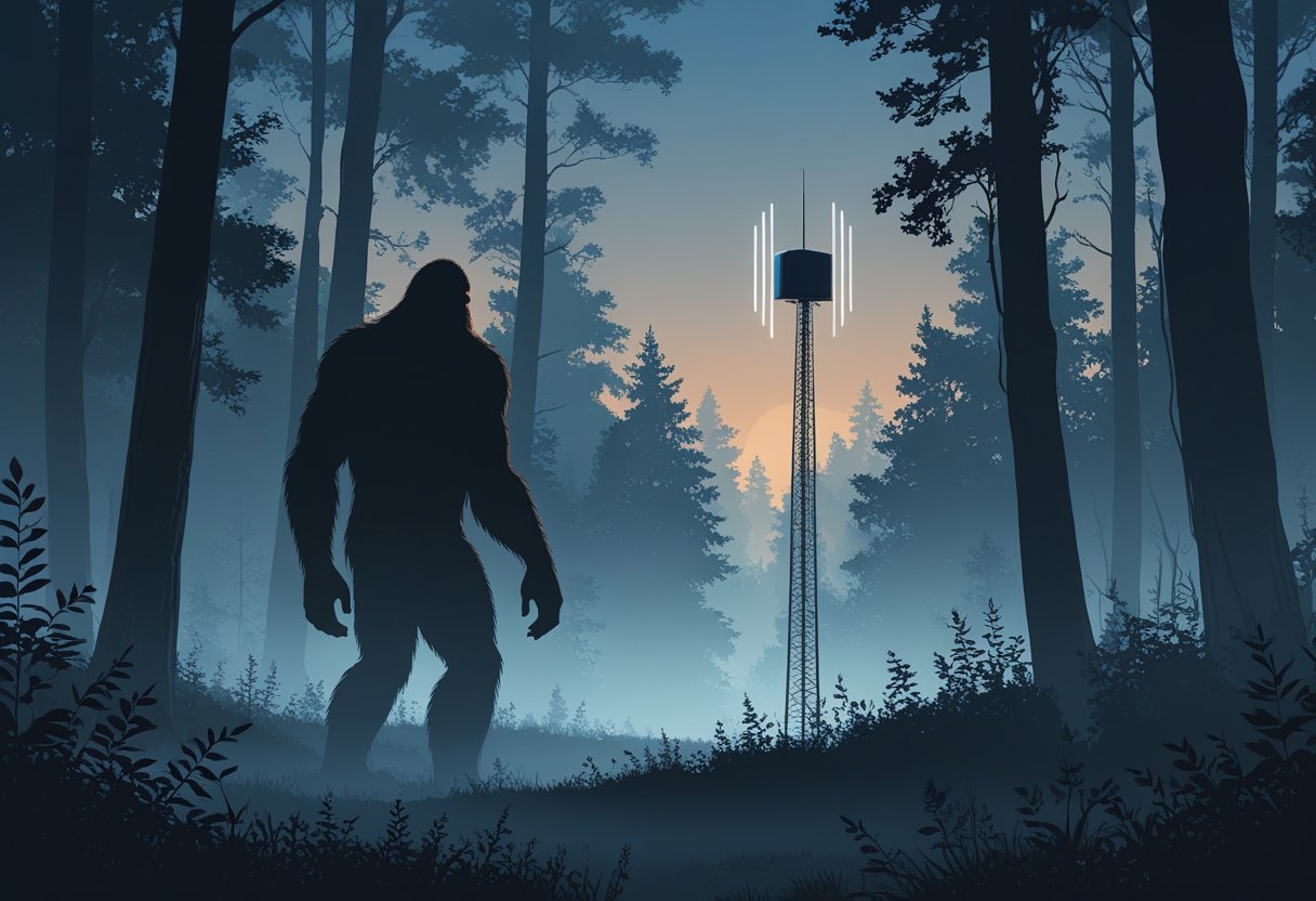 A mysterious forest at dusk with a large humanoid figure partially hidden behind trees near a small radio tower emitting signals.