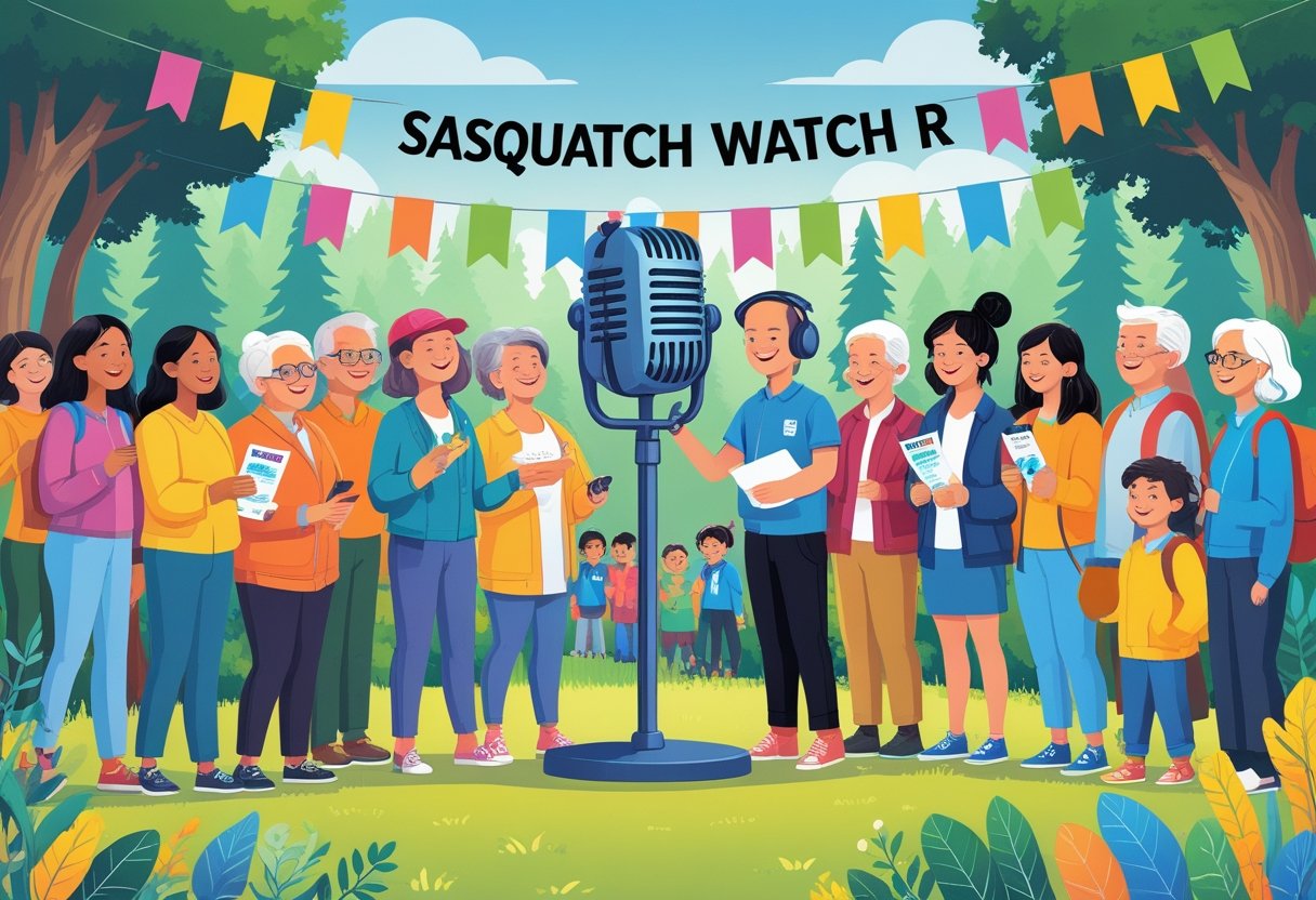 A group of diverse people gathered outdoors around a large radio microphone, interacting warmly near a forest, symbolizing a community event hosted by Sasquatch Watch Radio.