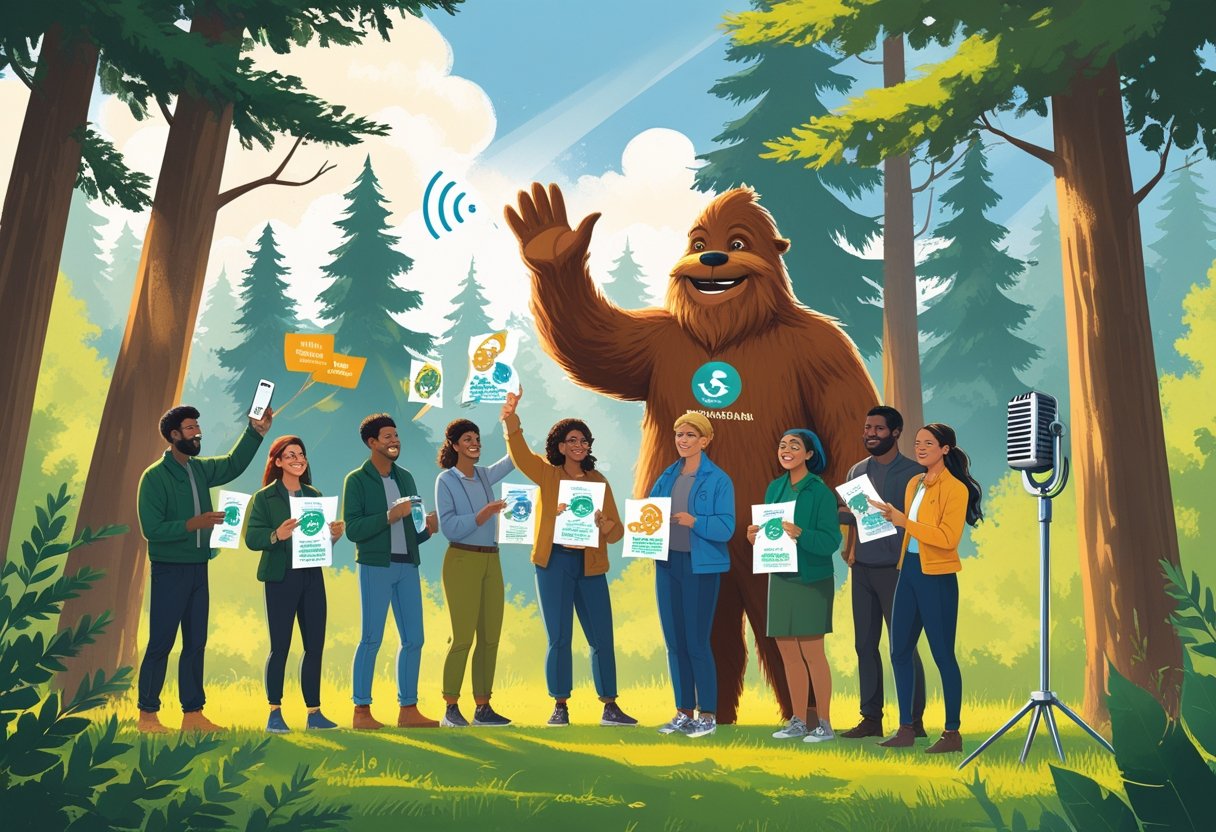 People sharing information outdoors near a friendly Sasquatch in a forest clearing with a microphone nearby.