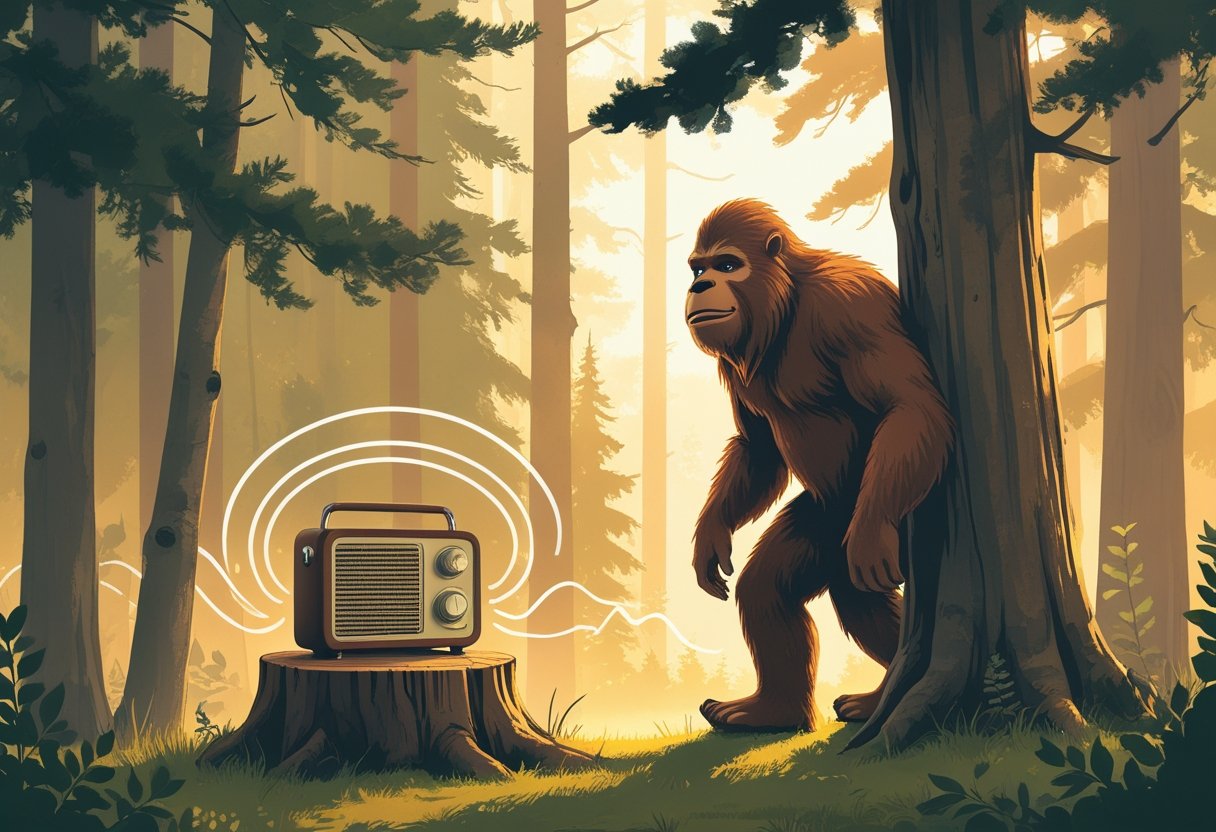 A Sasquatch standing in a forest near a vintage radio emitting sound waves at dawn.