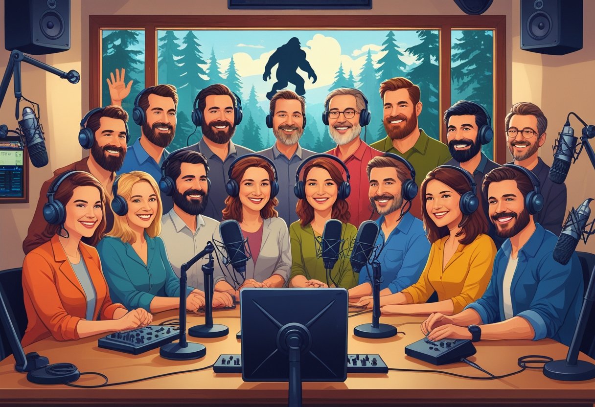 A group of radio hosts gathered in a studio with microphones and sound equipment, with a forest visible through a window in the background.