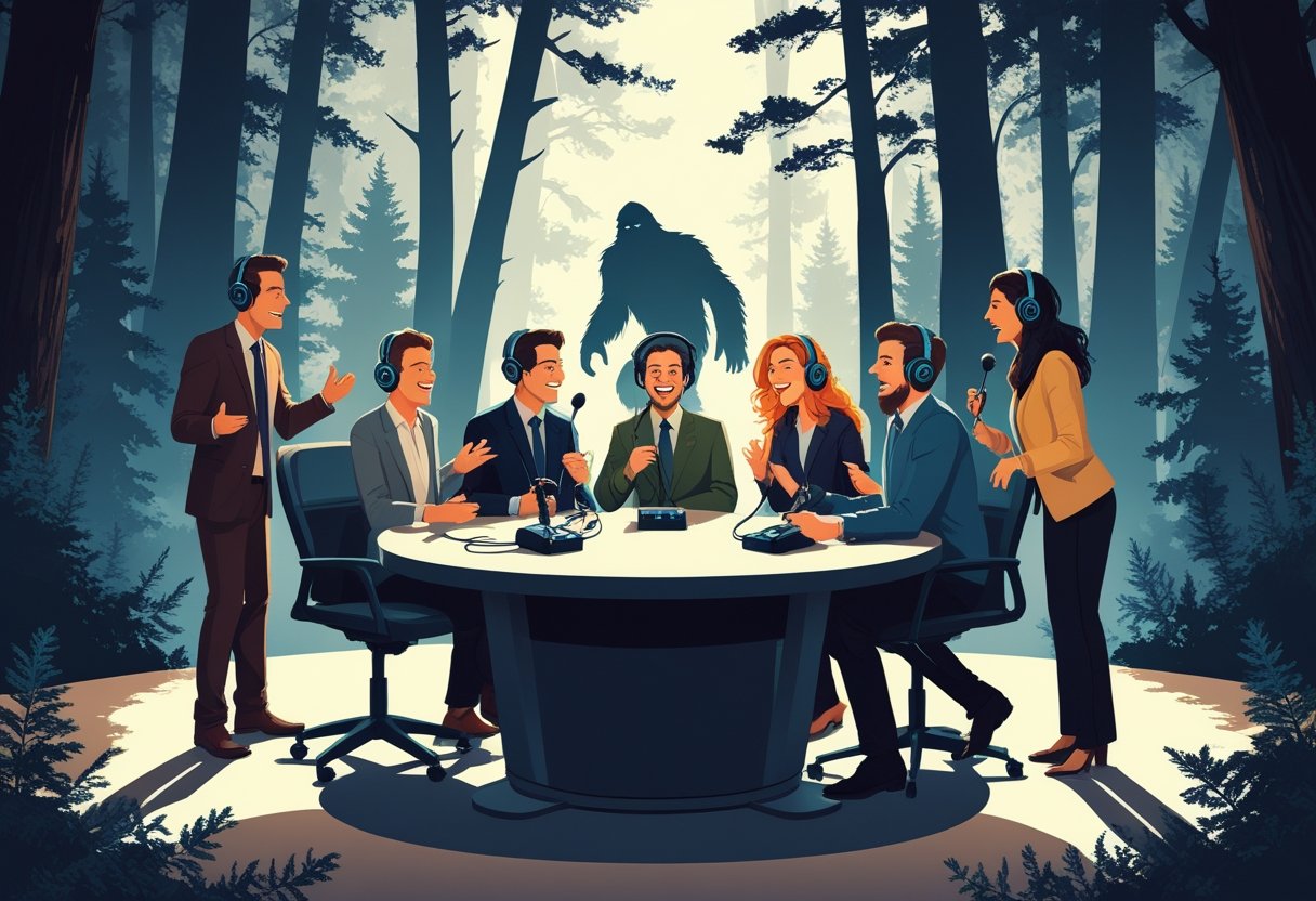 A group of people talking around a radio studio table with microphones, with a forest and a hidden Sasquatch figure visible in the background.