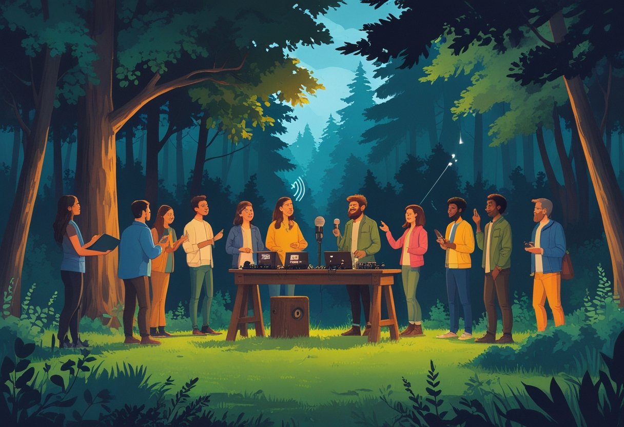 People gathered outdoors in a forest clearing around radio equipment, with a friendly Sasquatch figure visible among the trees.