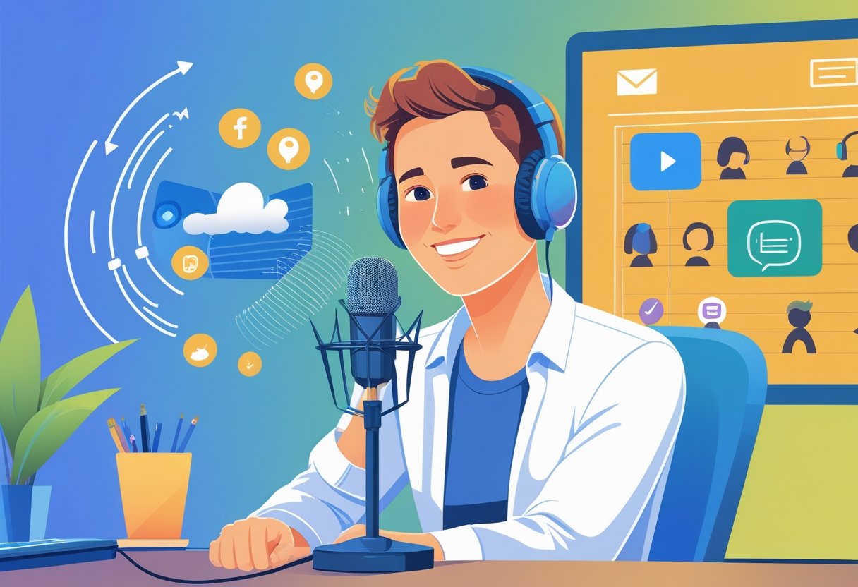 A radio host speaking into a microphone in a studio surrounded by symbols of communication and connection.